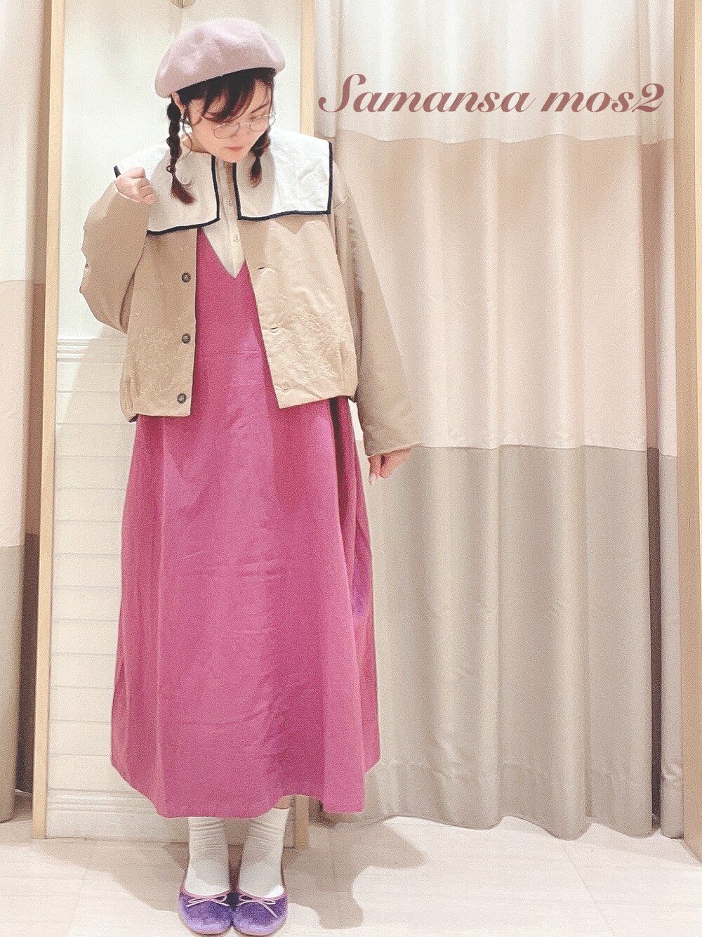 「大人カジュアル、大人ガーリー、大人女子、大人かわいい、ガーリー、カジュアル、ワンピース、アウター、ベレー帽、SM2、SM2 keittio イオンタウン富士南店、サマンサ モスモス(Samansa Mos2)、Samansa Mos2、おしゃれさんと繋がりたい、お洒落さんとつながりたい」｜「Samansa Mos2のアイテム（ジャケット/アウター、ベージュ系）」を使った、🌷○° おまゆさん（レディース・163cm）の秋コーディネートの1枚目の写真