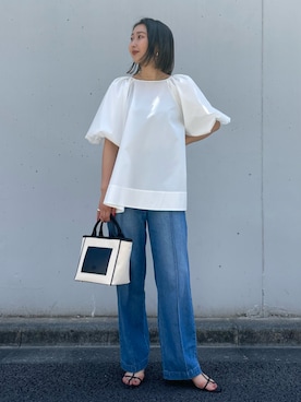 「ROPE'（ロペ）の【エディター三尋木奈保さんコラボ】前後2WAY華やぎバルーンスリーブブラウス【雑誌掲載】（シャツ/ブラウス）」を使った、MOEさん（レディース・163cm）の夏コーディネート
