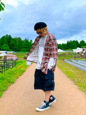 「SCHOTT」｜「アイテム（ハンチング/ベレー帽）」を使った、KAISEIさん（メンズ・176cm）の夏コーディネート