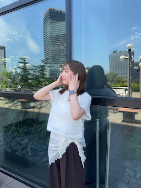 「SENSE OF PLACE by URBAN RESEARCH（センスオブプレイスバイアーバンリサーチ）のレースフェザーカットトップ（Tシャツ/カットソー、ホワイト系）」を使った、maikoさん（レディース・154cm）の夏コーディネート