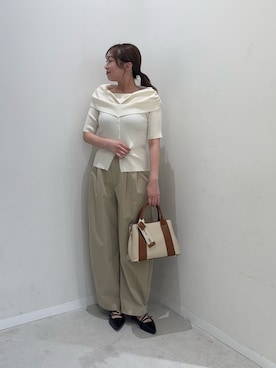 「SENSE OF PLACE by URBAN RESEARCH（センスオブプレイスバイアーバンリサーチ）の『洗濯可』オフショルリブセーター(半袖)（ニット/セーター、ホワイト系）」を使った、maikoさん（レディース・154cm）の春コーディネート
