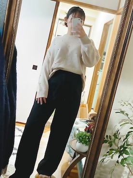 「H&M（エイチ・アンド・エム）のアイテム（ニット/セーター、ベージュ系）」を使った、🥨さん（レディース・155cm）の冬コーディネート