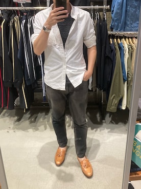 「アイテム（ローファー、オレンジ系）」を使った、lasscalさん（メンズ・174cm）の夏コーディネート