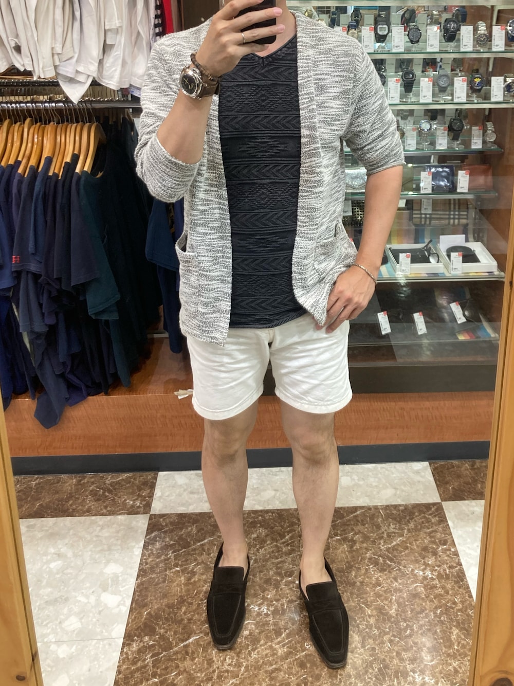 「Perfettoのアイテム（シューズ、ブラウン系）」を使った、lasscalさん（メンズ・174cm）の夏コーディネートの1枚目の写真