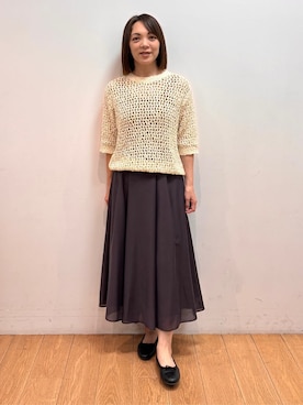 「INDIVI（インディヴィ）の【洗える／ラメ混／5分袖】イタリア糸ファンシーヤーンニット（ニット/セーター、ベージュ系）」を使った、mikkoさん（レディース・159cm）の春コーディネート