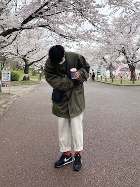「大学生」｜「アイテム（モッズコート）」を使った、たさん（メンズ・177cm）の春コーディネート