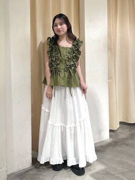 「w closet（ダブルクローゼット）のフリフリノースリブラウス（シャツ/ブラウス、グリーン系）」を使った、kanonさん（レディース・152cm）の春コーディネート