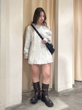 「w closet（ダブルクローゼット）のレースメロウスウェット（Tシャツ/カットソー、ホワイト系）」を使った、kanonさん（レディース・152cm）の春コーディネート