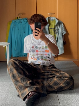 「YOLO（ヨーロ）のアイテム（Tシャツ/カットソー、ホワイト系）」を使った、暇人さん（メンズ・165cm）の夏コーディネート