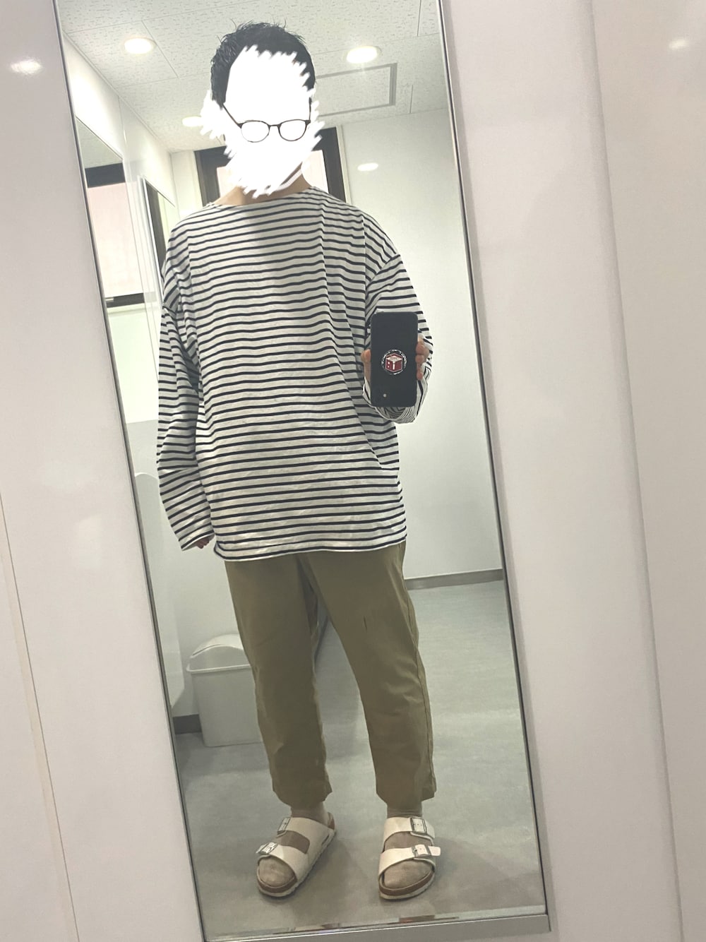 「オールインワン、バスクシャツ、サンダルに靴下、アラフォーコーデ、麻素材」｜「SUNNY  SPORTSのアイテム（Tシャツ/カットソー、ブルー系）」を使った、unwearableghostさん（メンズ・169cm）の春コーディネートの1枚目の写真