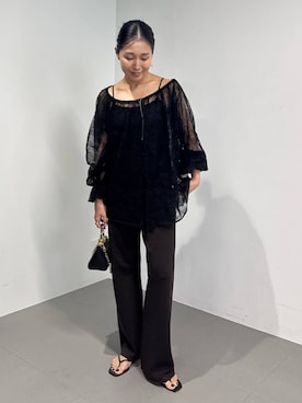 「Chaos（カオス）のChaos(カオス)/ ヴェールレースニットプルオーバー（Tシャツ/カットソー、ブラック系）」を使った、hirocoさん（レディース・162cm）の夏コーディネート