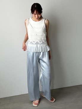 「Bab（バブ）のサテンパンツ（その他パンツ、ブルー系）」を使った、kae050さん（レディース・168cm）の夏コーディネート