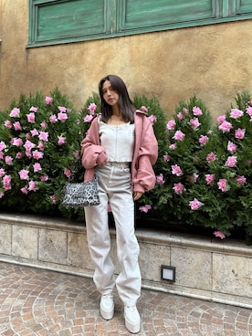 「GYDA（ジェイダ）のbijou Symmetry GYDAフェイクレザーBIGブルゾン（ブルゾン、ピンク系）」を使った、HARUKIさん（レディース・158cm）の冬コーディネート