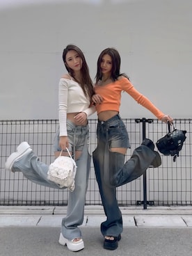 「GYDA（ジェイダ）のカシュクールデザインオフショルトップス（Tシャツ/カットソー、オレンジ系）」を使った、HARUKIさん（レディース・158cm）の春コーディネート