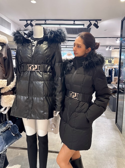 セール】GDベルト付きフェイクレザーロングダウンコート（ダウン