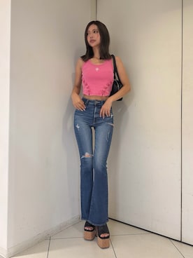 「GYDA（ジェイダ）のコルクチャンキーサンダル（サンダル、ブラック系）」を使った、HARUKIさん（レディース・158cm）の夏コーディネート