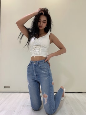 「GYDA（ジェイダ）のW BACK RIPPEDスキニーデニムパンツ（デニムパンツ）」を使った、HARUKIさん（レディース・158cm）の夏コーディネート