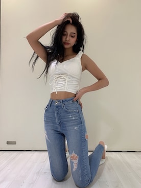 「GYDA（ジェイダ）のW BACK RIPPEDスキニーデニムパンツ（デニムパンツ）」を使った、HARUKIさん（レディース・158cm）の夏コーディネート