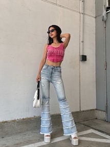 ハイウエストTIERED FRINGEフレアデニムパンツ｜ジェイダ（GYDA