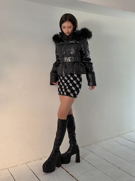 「GYDA（ジェイダ）のストレッチチャンキーブーツ（ブーツ、ブラック系）」を使った、HARUKIさん（レディース・158cm）の夏コーディネート