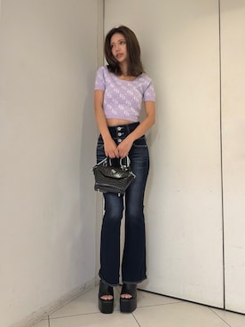 「GYDA（ジェイダ）のGG jacquardラメニットトップス（Tシャツ/カットソー、パープル系）」を使った、HARUKIさん（レディース・158cm）の夏コーディネート