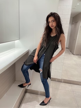 「GYDA（ジェイダ）のW BACK RIPPEDスキニーデニムパンツ（デニムパンツ）」を使った、HARUKIさん（レディース・158cm）の夏コーディネート