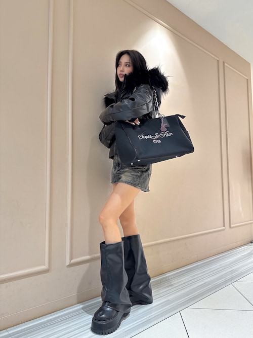 GDベルト付きフェイクレザーショートダウンコート（ダウンジャケット