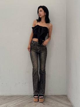 「GYDA（ジェイダ）のビジューストーンストラップ2WAYリボンブラウス（シャツ/ブラウス、ブラック系）」を使った、HARUKIさん（レディース・158cm）の夏コーディネート