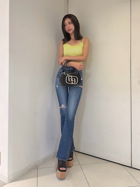 「GYDA（ジェイダ）のGGメタルBAG（ハンドバッグ、ブラック系）」を使った、HARUKIさん（レディース・158cm）の夏コーディネート