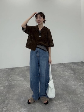 「LEPSIM（レプシィム）のパネルレース開襟シャツSS　1043163（シャツ/ブラウス、ブラウン系）」を使った、mizkさん（レディース・162cm）の夏コーディネート