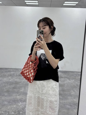 「LEPSIM（レプシィム）のマクラメミニバッグ　681026（ハンドバッグ、オレンジ系）」を使った、mizkさん（レディース・162cm）の夏コーディネート