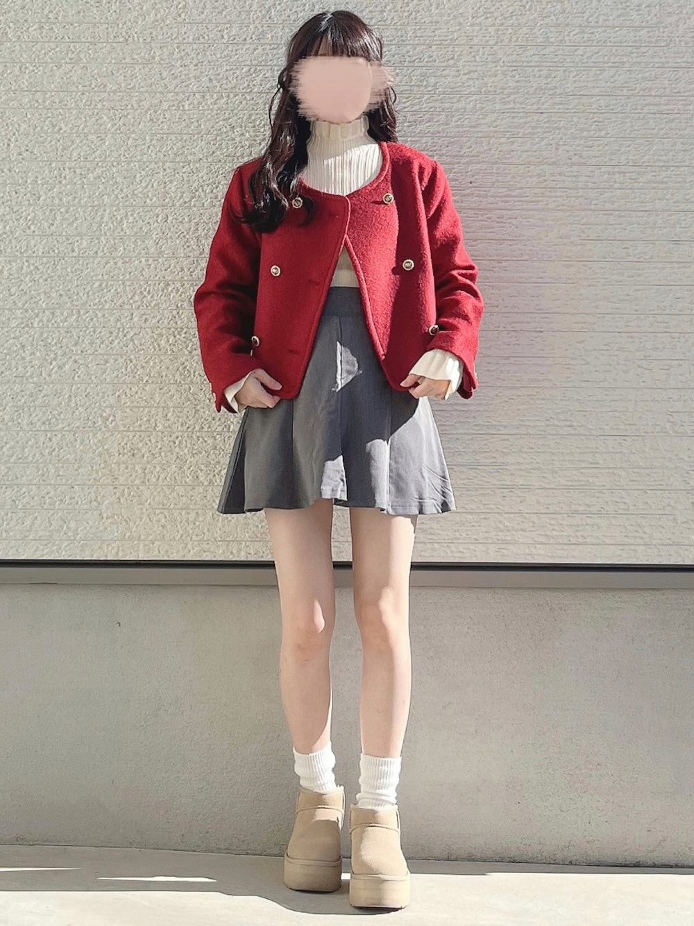 「タートルネック、ブーツ、韓国ファッション、冬コーデ、冬アウター、休日スタイル、クリスマスに着たい服、マイベストコーデ2023、赤、お出かけコーデ、コート」｜「SNIDELのツイードジャケット（その他アウター、レッド系）」を使った、yuririn*さん（レディース・156cm）の冬コーディネートの1枚目の写真