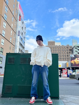 「WHITELAND（ホワイトランド）のアイテム（ニット/セーター）」を使った、ながさきたいがさん（メンズ・169cm）の冬コーディネート