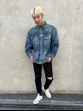「DANKE SCHON（ダンケシェーン）のDankeSchon/ダンケシェーン/ダメージデニムパンツ（デニムパンツ）」を使った、ながさきたいがさん（メンズ・169cm）の春コーディネート