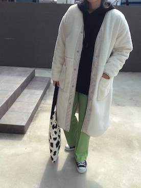 「アイテム（ノーカラーコート、ホワイト系）」を使った、ⓒⓗⓘーⓒⓗⓐⓝさん（レディース・161cm）の冬コーディネート