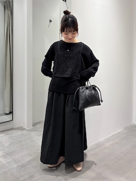 「かぐれ（カグレ）のドライコットンボートネックニット（ニット/セーター、ブラック系）」を使った、久木 美音さん（レディース・157cm）の秋コーディネート
