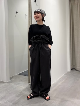 「かぐれ（カグレ）のワイド6分袖プルオーバー（Tシャツ/カットソー、ブラック系）」を使った、久木 美音さん（レディース・157cm）の春コーディネート