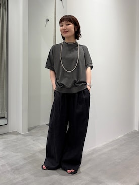 「かぐれ（カグレ）の天竺 ワイドプルオーバー（Tシャツ/カットソー、グレー系）」を使った、久木 美音さん（レディース・157cm）の夏コーディネート