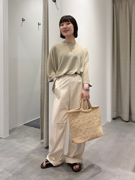 「かぐれ（カグレ）のリネン半袖クルーネックニット（ニット/セーター、ベージュ系）」を使った、久木 美音さん（レディース・157cm）の春コーディネート
