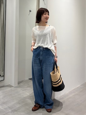 「かぐれ（カグレ）のリネンボートネックカットソー（Tシャツ/カットソー、ホワイト系）」を使った、久木 美音さん（レディース・157cm）の夏コーディネート