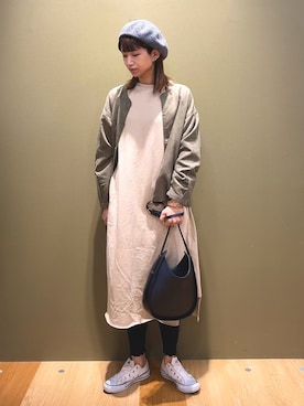 「ノーカラージャケット」｜「アイテム（ハンチング/ベレー帽）」を使った、YU-HAさん（レディース・163cm）の秋コーディネート