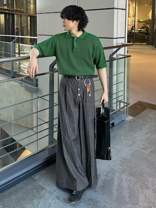 「seyto(セイト)のLame stripe wide straight pants / ラメストライプワイドストレートパンツ(その他パンツ)」を使った、おだまや さん(メンズ・172cm)の春コーディネート