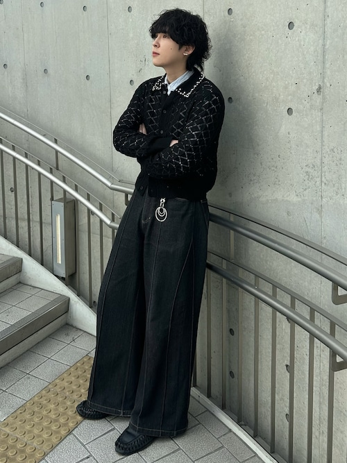 セール】Bijou collar openwork knit cardigan / ビジューカラー透かし