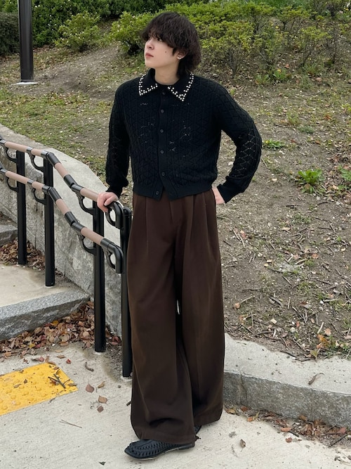 セール】Bijou collar openwork knit cardigan / ビジューカラー透かし