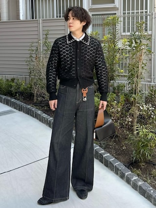 「seyto(セイト)のBijou collar openwork knit cardigan / ビジューカラー透かし編みニットカーディガン(カーディガン/ボレロ)」を使った、おだまや さん(メンズ・172cm)の春コーディネート
