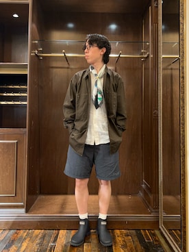 「Barbour（バブアー）のアイテム（レインシューズ、ブラック系）」を使った、Kenh  さん（メンズ・177cm）の夏コーディネート