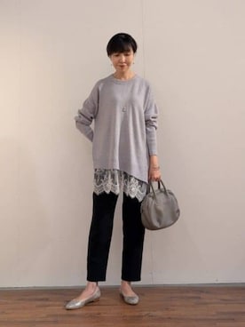 「BEARDSLEY（ビアズリー）のウエストリブスリムパンツ（その他パンツ、ブラック系）」を使った、BEARDSLEYさん（レディース・158cm）の秋コーディネート