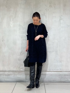 「BEARDSLEY（ビアズリー）の《新色アイボリーZOZO先行販売》星刺繍ニットチュニック（ニット/セーター、ブルー系）」を使った、BEARDSLEYさん（レディース・158cm）の秋コーディネート