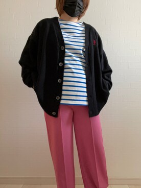 「AMERICAN HOLIC（アメリカンホリック）のボートネックボーダーカットプルオーバー（Tシャツ/カットソー、ブルー系）」を使った、リーさん（レディース・157cm）の春コーディネート
