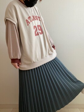 「しまむら（シマムラ）のアイテム（スカート、ブルー系）」を使った、リーさん（レディース・157cm）の春コーディネート